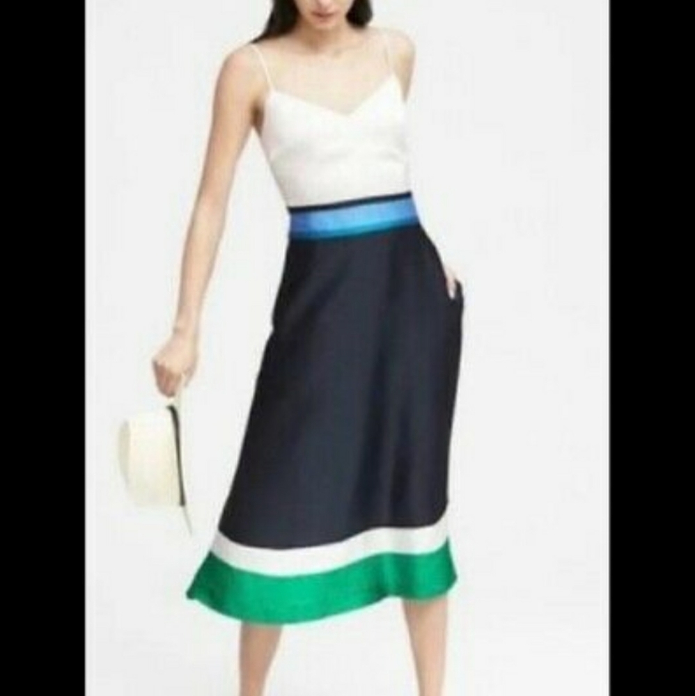 Banana Republic White Top Navy Midi Skirt with Green & Blue Stripes